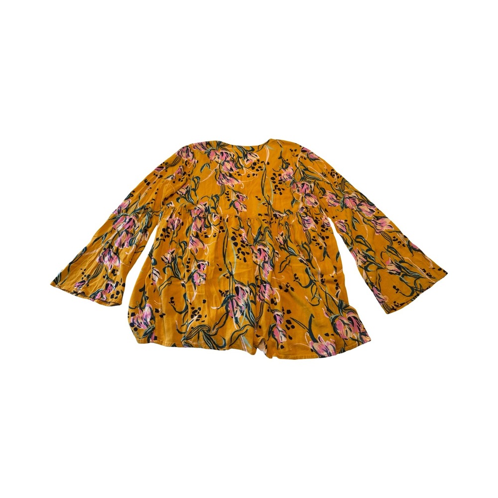 Free People Mustard Yellow Floral Babydoll Tunic V-Neck Bell Sleeve Blouse Small - Picture 5 of 5